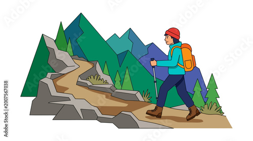 Bild auf Leinwand Man hiking on mountain trail path.