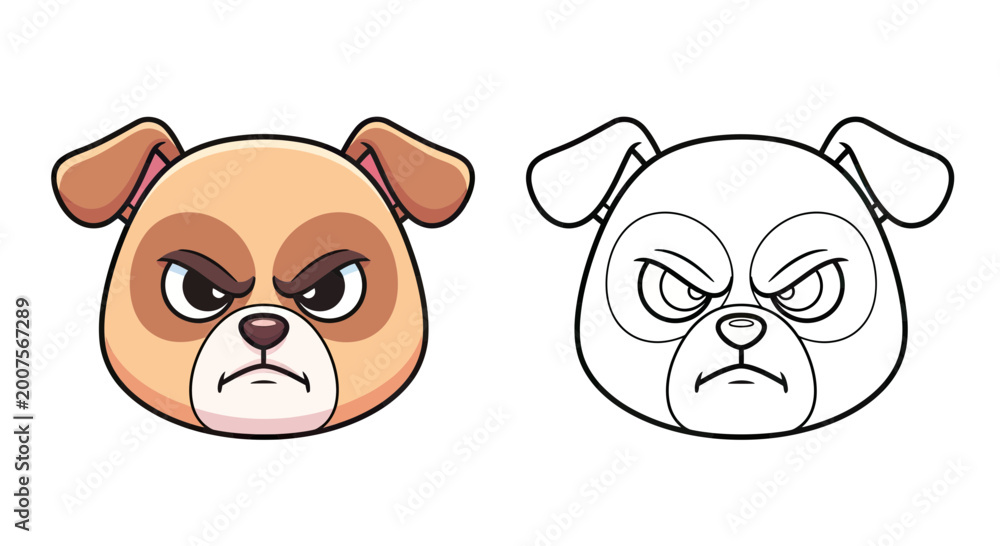 Obraz premium Angry Cartoon Dog Mascot Head Illustration - Colored and Line Art Coloring Page Outlines