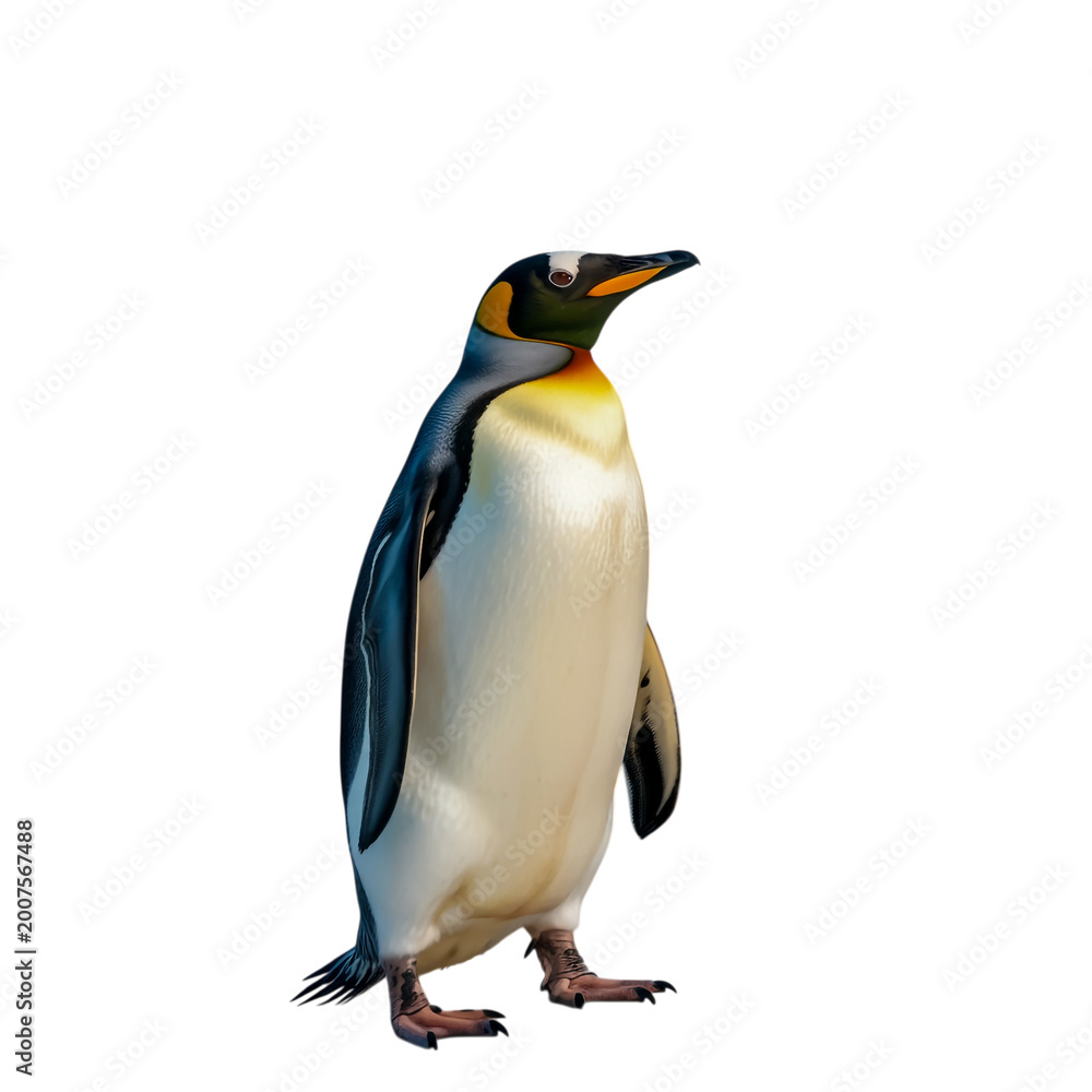 Obraz premium Emperor penguin standing on ice with yellow and white feathers in cold habitat isolated on transparent background