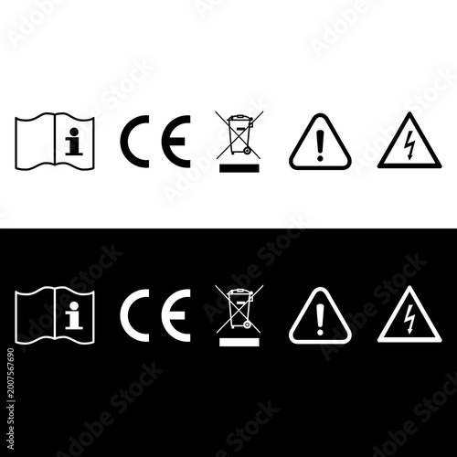 Packaging Icon Set Manual CE WEEE Warning Electricity Symbol Black White
