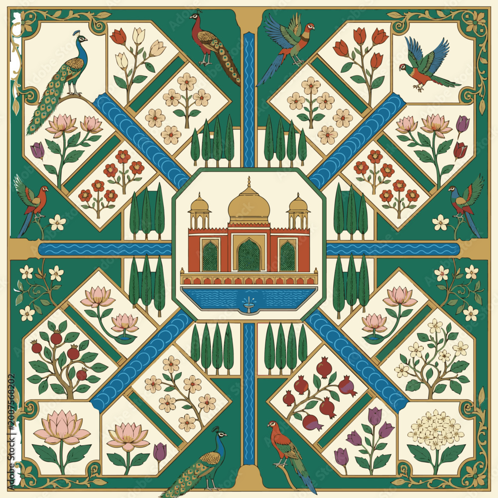 Naklejka premium Isolated a realistic Mughal garden illustration pattern with birds peacock parrot plants trees and palace for wallpaper vector art with white background..