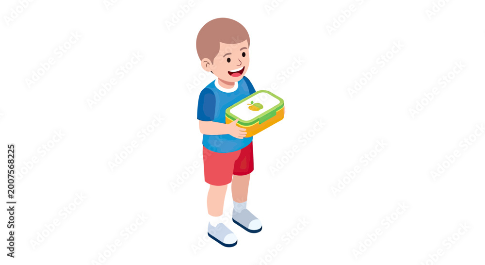 Fototapeta premium Isometric Vector Illustration of a Happy Young Boy Holding a Healthy School Lunch Box