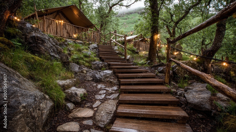 Fototapeta premium Wood stairs on mountain glamping site.