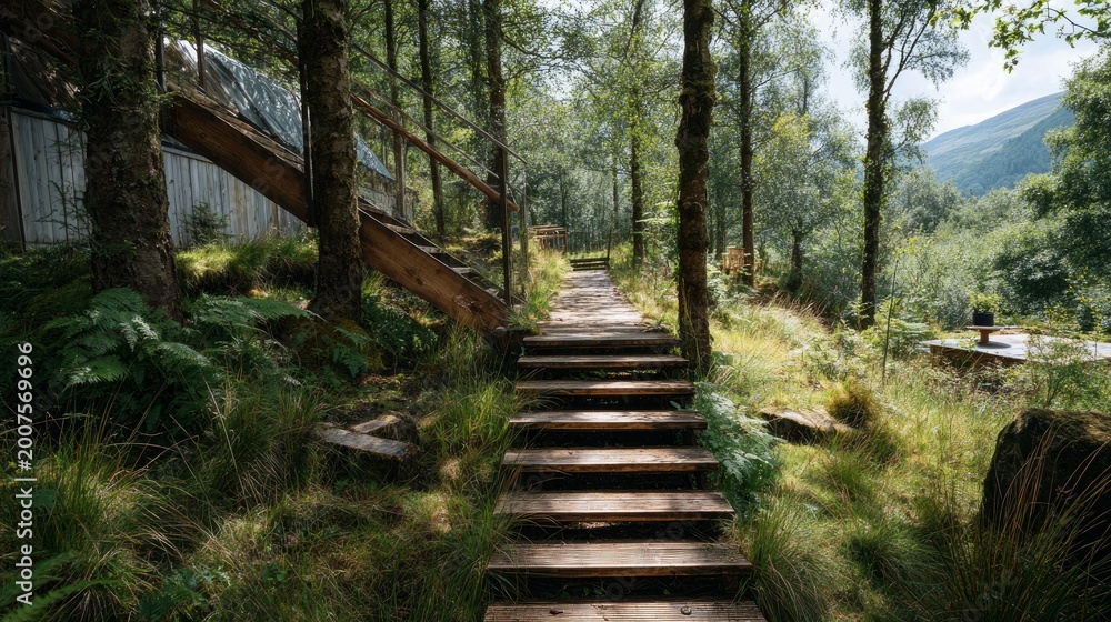 Fototapeta premium Wood stairs on mountain glamping site.