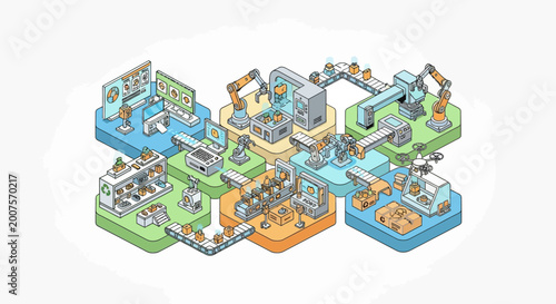 Photography Automated factory production line with robots and conveyor belts.
