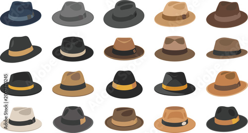 Classic Fedora Hat Collection Set in Various Colors and Styles Including Black, Brown, Gray, and Tan for Fashion and Retro Design Projects