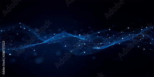 Foto Abstract futuristic network background with glowing blue nodes and smooth sine w
