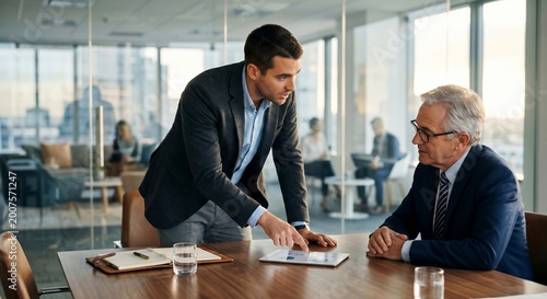 Two businessmen discussing data on a tablet in an office