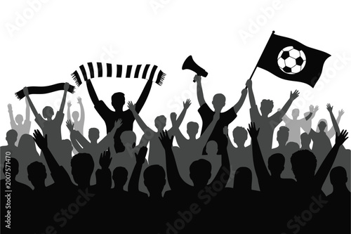 Foto Soccer fans silhouette vector illustration showing passionate cheering crowd wit