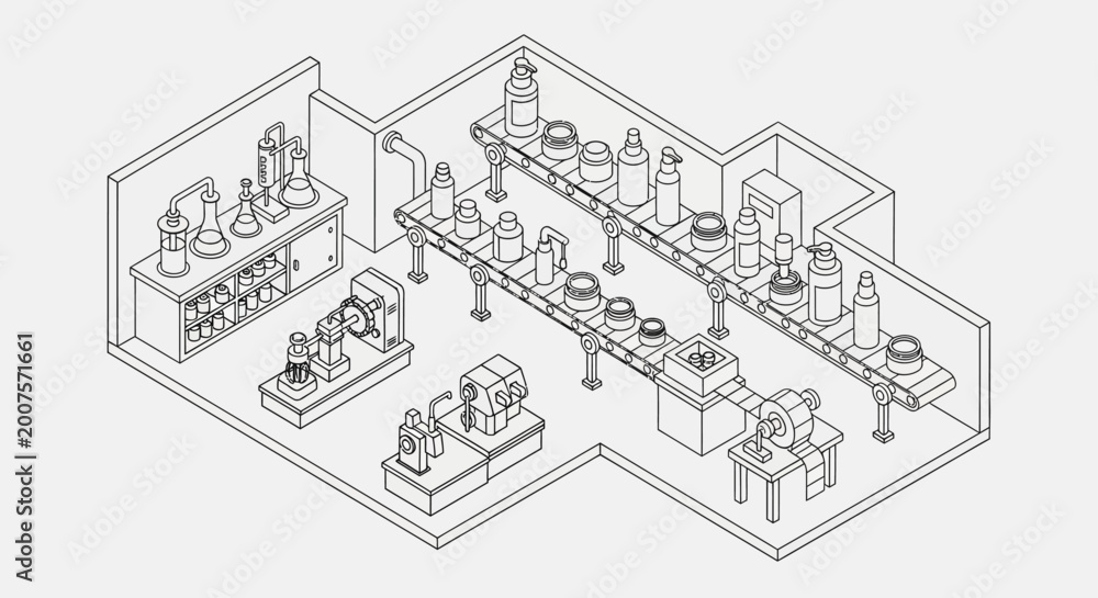 Obraz premium Cosmetic Production Line with Lab and Automated Packaging Isometric Illustration