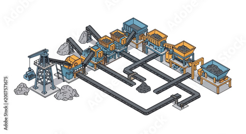 Bild auf Leinwand Isometric mining plant with conveyor belts and crushing machinery
