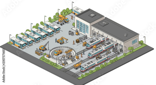 Foto Isometric illustration of a public transport depot with buses and trains undergoing maintenance