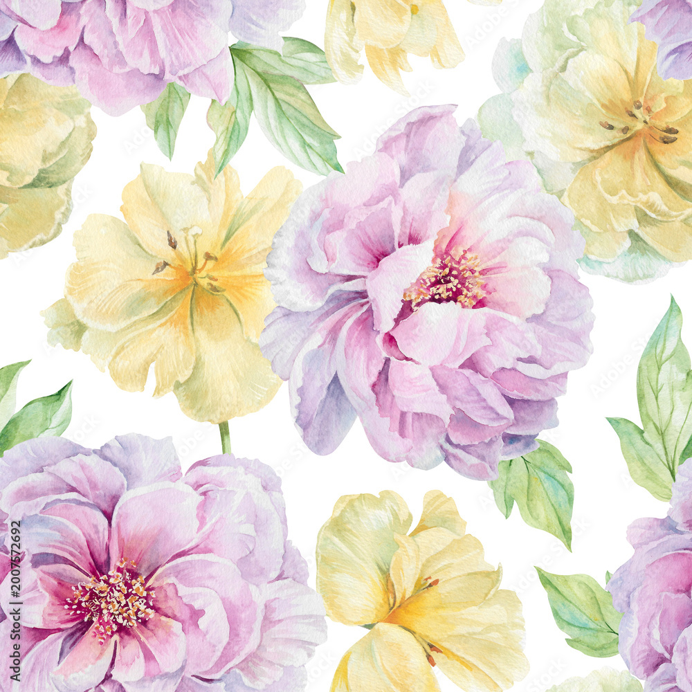 Obraz premium Pink peonies, yellow tulip flowers, fresh green leaves, buds hand drawn floral watercolor illustration isolated on white. Delicate seamless pattern for nature designs, holiday, wedding textile, prints