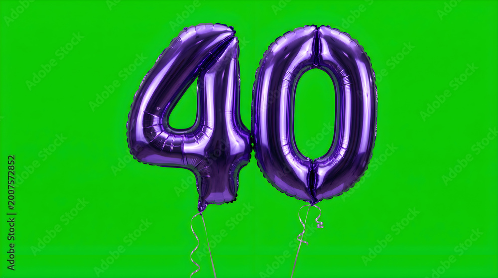 Fototapeta premium Shiny purple foil balloons form the number 40 against a vibrant green background, perfect for celebrations.