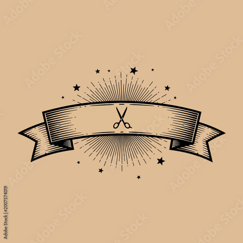 Vintage Barber Shop or Tailor Ribbon Banner Illustration with Scissors and Sunburst Rays