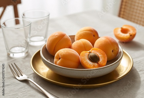 Bowl of fresh ripe apricots on a rustic table