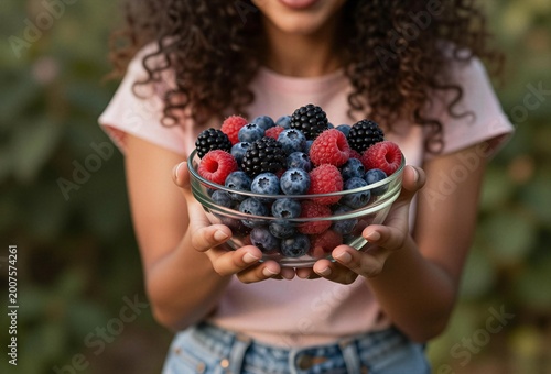 Woman holding a glass bowl of fresh mixed berries