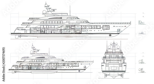 Technical Blueprint Illustration of a Luxury Motor Yacht Showing Profile and Rear View Elevations