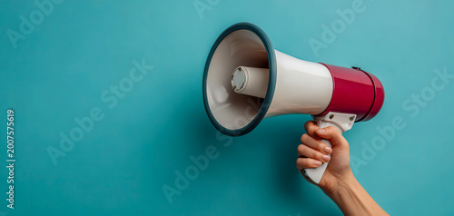 Speaker held in hand against blue wall with focus on the mouthpiece and grip for communication