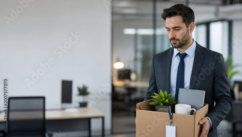 Employee Layoff and Job Loss Concept Businessman Leaving Office with Box