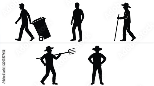 Foto Silhouette, of, male, workers, performing, various, agricultural, and, maintenan