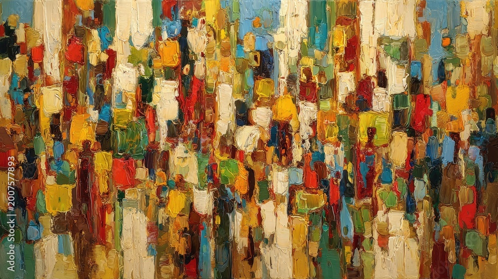Fototapeta premium Vibrant, richly textured oil painting depicts a dense crowd of abstract figures in motion