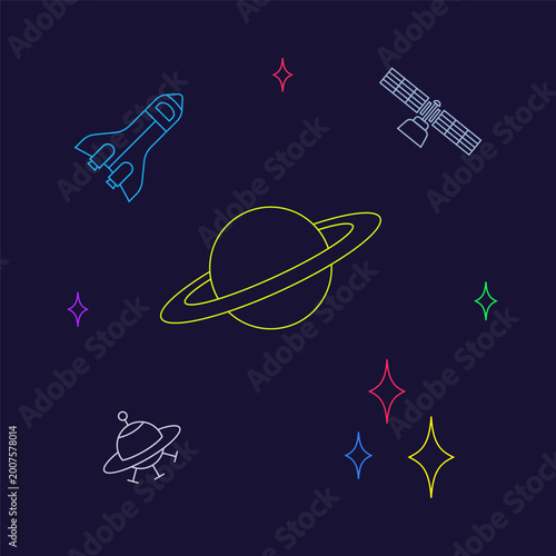 Foto Spaceship, satellite, UFO, planet, and stars lineart neon design glow in the dar
