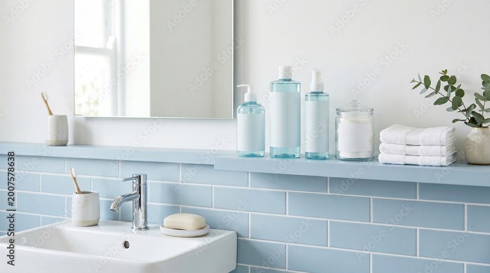 Fototapeta premium Clean modern bathroom interior with sink and toiletries