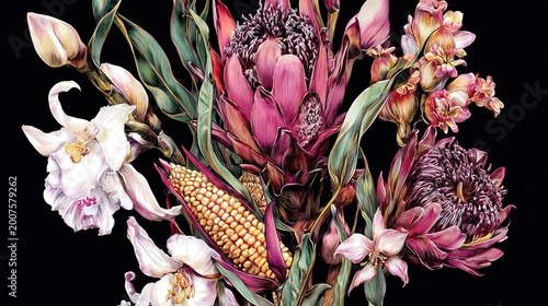 Exotic botanical arrangement features protea blooms, orchids, and harvested corn against a dark backdrop