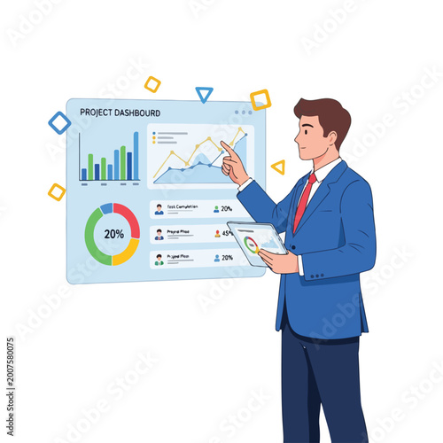 Businessman analyzing data on digital dashboard screen.