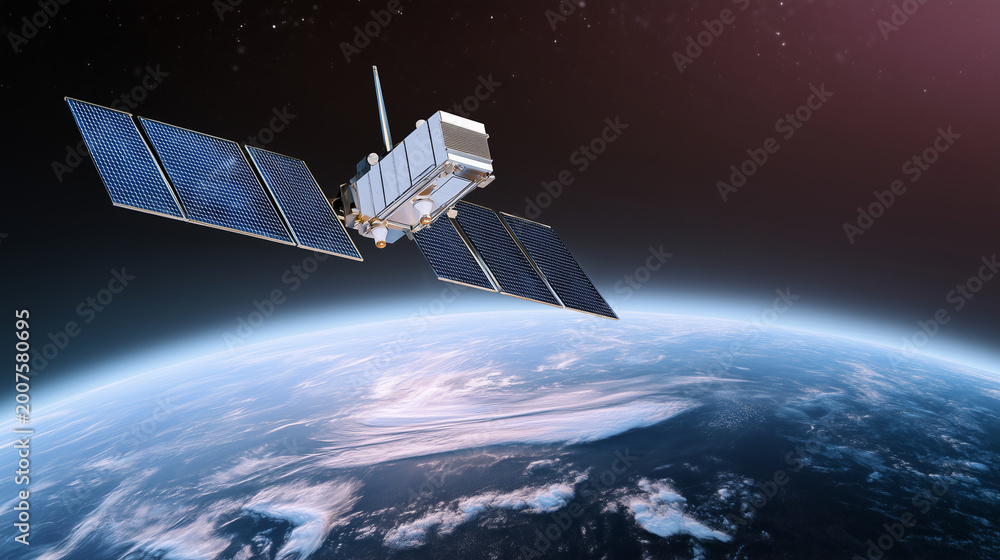 Fototapeta premium Satellite orbiting above Earth with large solar panels, global communication technology, GPS navigation, remote sensing, data transmission, aerospace engineering and worldwide conn