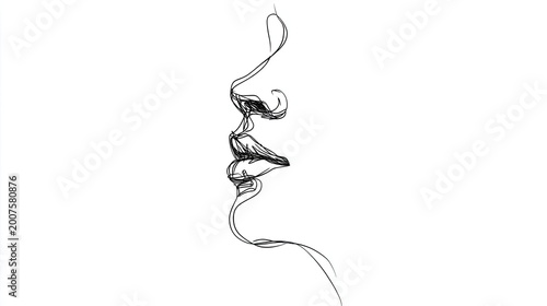 Minimalist continuous line sketch portrays the profile of human lips and nose