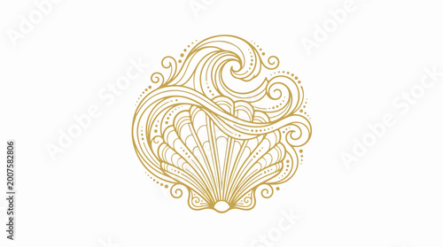 Elegant gold line art illustration of a seashell with flowing ocean waves.
