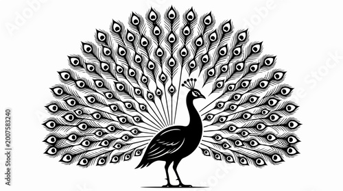 Elegant peacock illustration with open tail feathers in black and white.