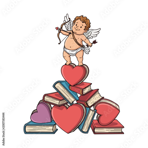 Cartoon Cupid Standing on Books and Hearts.