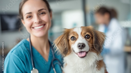 A cheerful veterinarian smiles while holding a small dog, showcasing the bond between pets and their caretakers in a warm clinic environment.