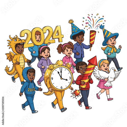 Children Celebrating New Year with Clock.