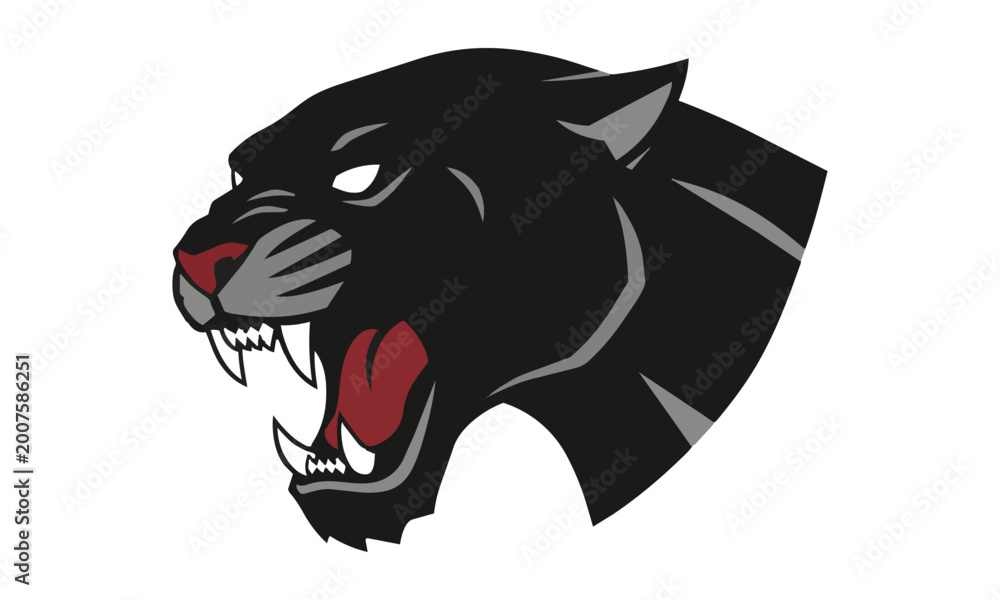 Obraz premium Aggressive panther head profile with sharp angular features and bared teeth on a white background wild animal mascot concept