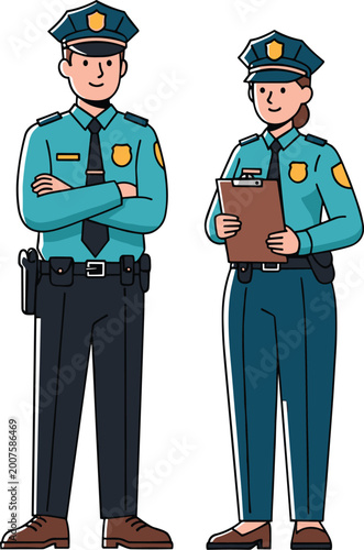 Cuadro en lienzo Full Body Male and Female Police Officer Vector Illustration in Uniform Standing