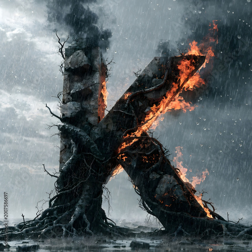 view of 3d letter k with apocalyptic vegetation on