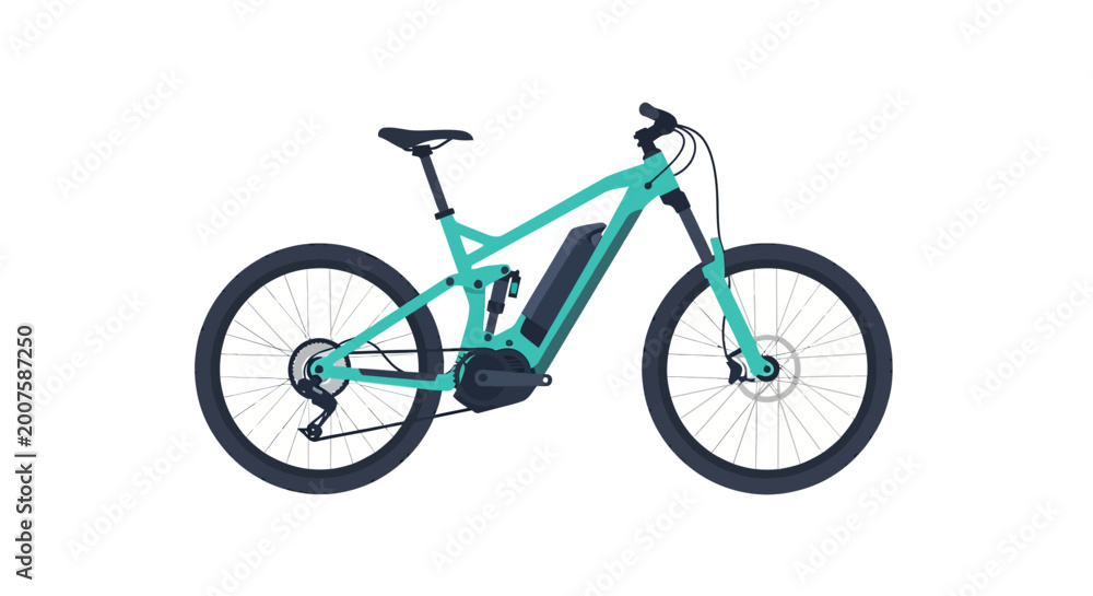 Fototapeta premium Isolated Turquoise Electric Mountain Bike Full Suspension on White Background
