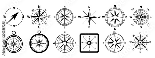 Cuadro en lienzo Collection of twelve black and white compass rose and wind rose navigation