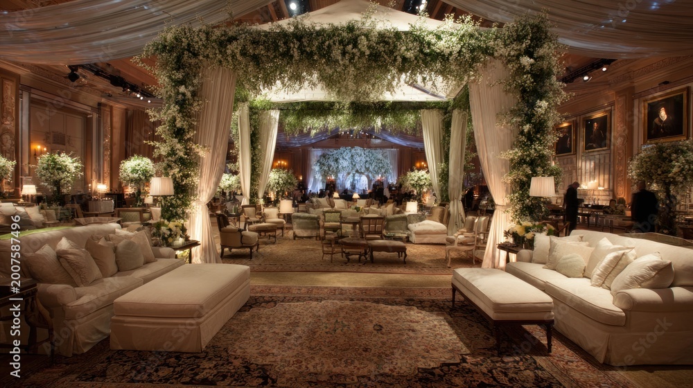 Fototapeta premium Elegant Wedding Reception Tent with Luxurious Seating and Floral Decor.