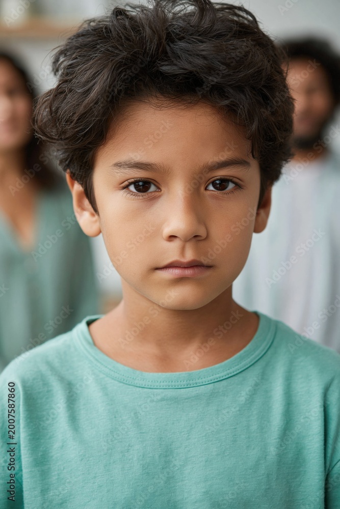 Obraz premium Young boy standing serious in family living room setting
