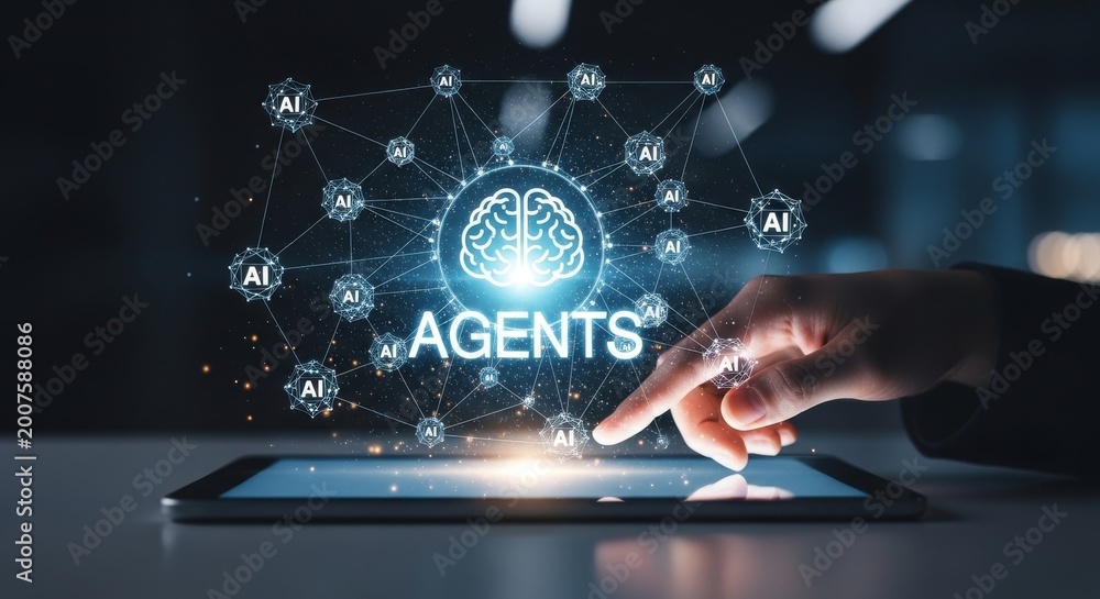 Fototapeta premium Business hand interacting with AI agents network on digital tablet futuristic interface
