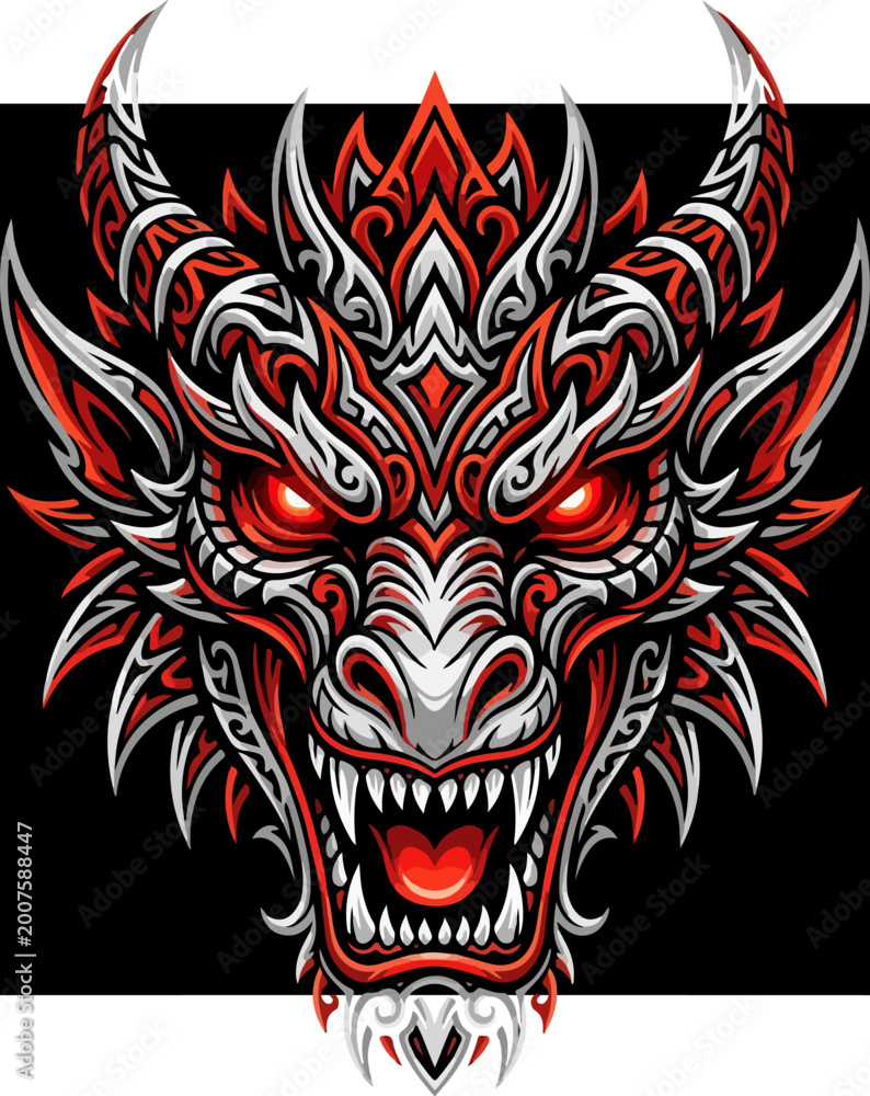 Fototapeta premium Aggressive Tribal Dragon Head Illustration.