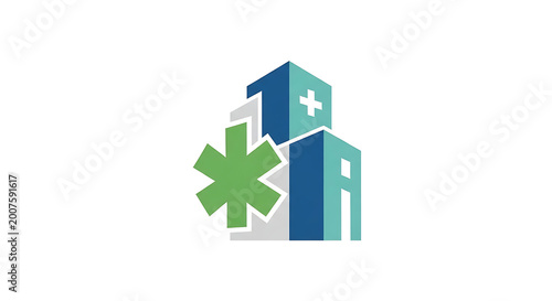 Modern hospital building with a green asterisk symbol representing medical care and health services