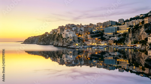 Coastal village on cliff reflecting in calm sea at sunset