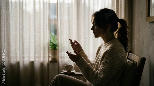 A young woman sits in a quiet room by a window, expressing emotions during a therapy session or moment of reflection. Free Download A young woman sits in a quiet room by a window, expressing emotions during a therapy session or moment of reflection. - GFXLoad