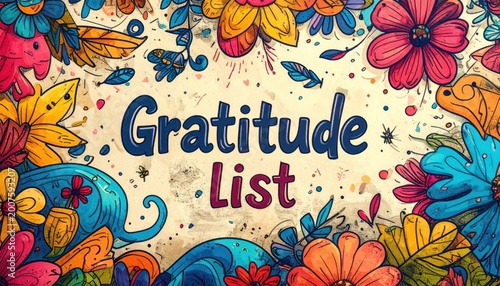 Vibrant Floral Gratitude List Header with Colorful Flowers and Leaves.